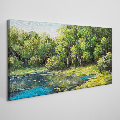 Foto auf leinwand Grüne Landschaft über dem Wasser