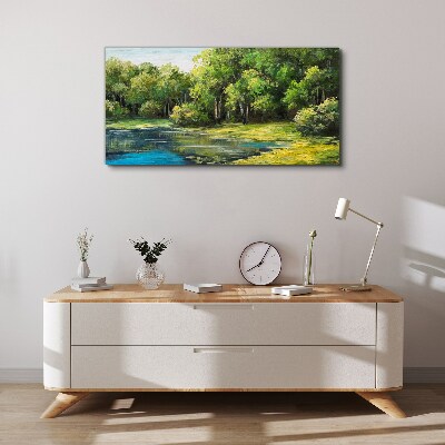 Foto auf leinwand Grüne Landschaft über dem Wasser