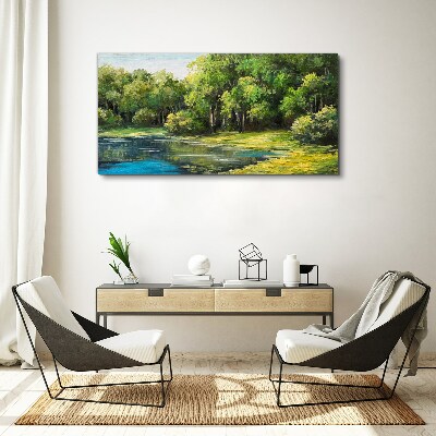Foto auf leinwand Grüne Landschaft über dem Wasser