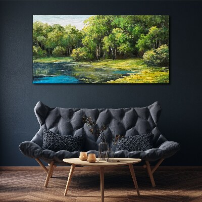 Foto auf leinwand Grüne Landschaft über dem Wasser
