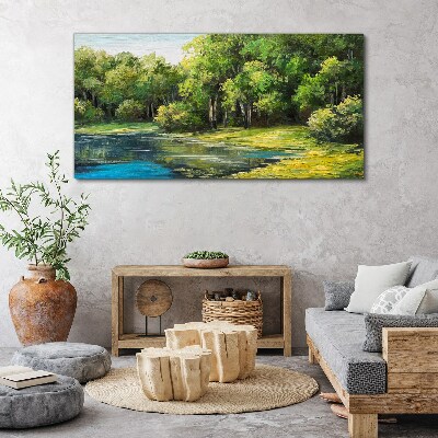 Foto auf leinwand Grüne Landschaft über dem Wasser