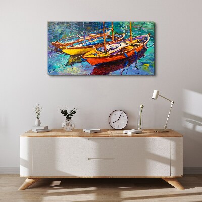 Foto leinwand Bunte Boote auf ruhigem Wasser