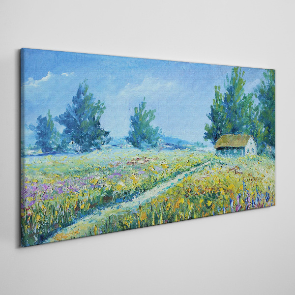 Bild auf leinwand Landschaft, Landschaft, Blumen, Hütte