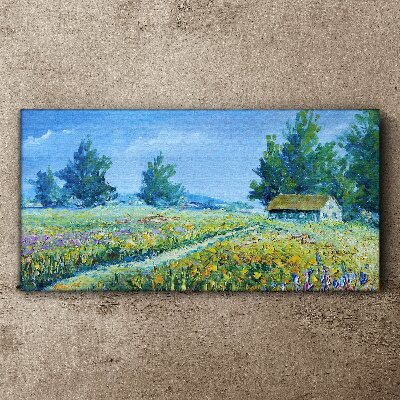 Bild auf leinwand Landschaft, Landschaft, Blumen, Hütte