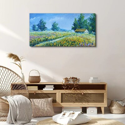 Bild auf leinwand Landschaft, Landschaft, Blumen, Hütte