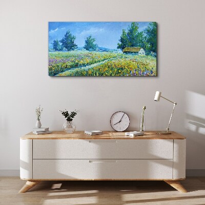 Bild auf leinwand Landschaft, Landschaft, Blumen, Hütte