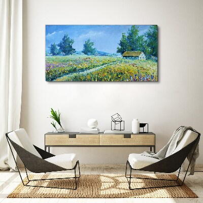 Bild auf leinwand Landschaft, Landschaft, Blumen, Hütte