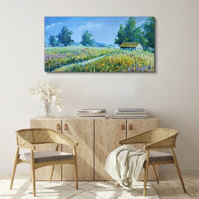 Bild auf leinwand Landschaft, Landschaft, Blumen, Hütte