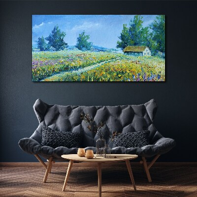 Bild auf leinwand Landschaft, Landschaft, Blumen, Hütte