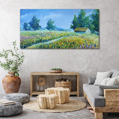 Bild auf leinwand Landschaft, Landschaft, Blumen, Hütte