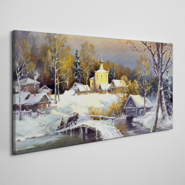 Foto leinwand Winterlandschaft mit Dorfkirche