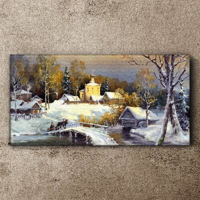 Foto leinwand Winterlandschaft mit Dorfkirche