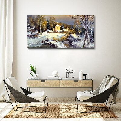 Foto leinwand Winterlandschaft mit Dorfkirche