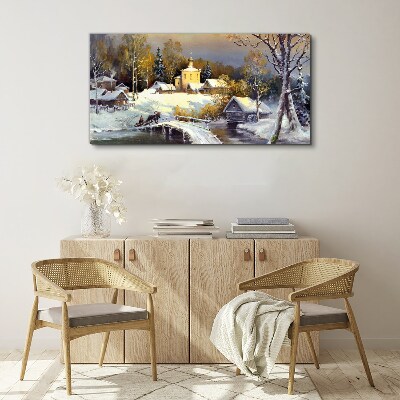 Foto leinwand Winterlandschaft mit Dorfkirche