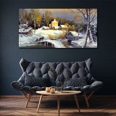 Foto leinwand Winterlandschaft mit Dorfkirche