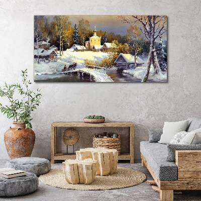 Foto leinwand Winterlandschaft mit Dorfkirche