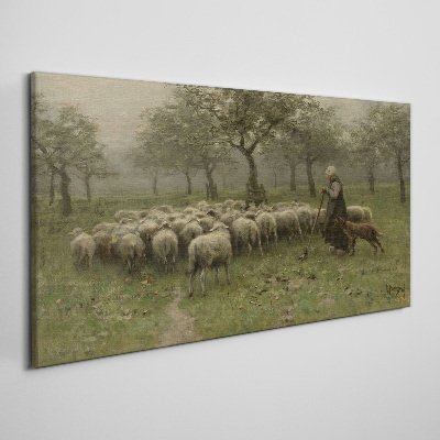 Foto auf leinwand Schafe grasen in einer mystischen Landschaft