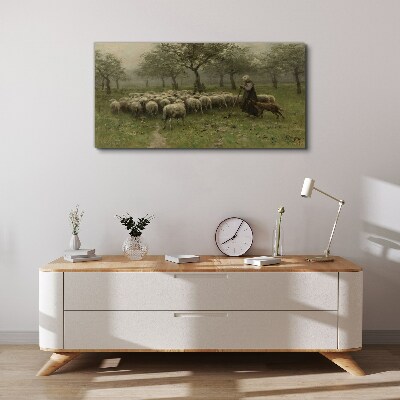 Foto auf leinwand Schafe grasen in einer mystischen Landschaft