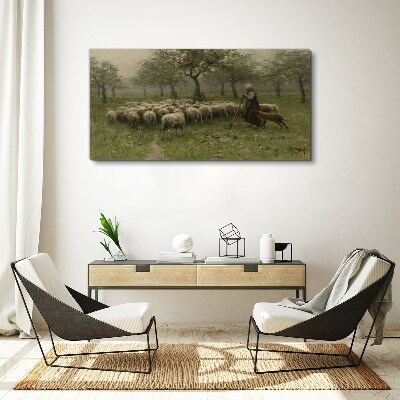 Foto auf leinwand Schafe grasen in einer mystischen Landschaft