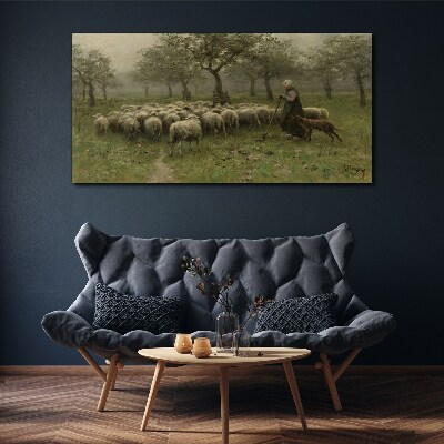 Foto auf leinwand Schafe grasen in einer mystischen Landschaft