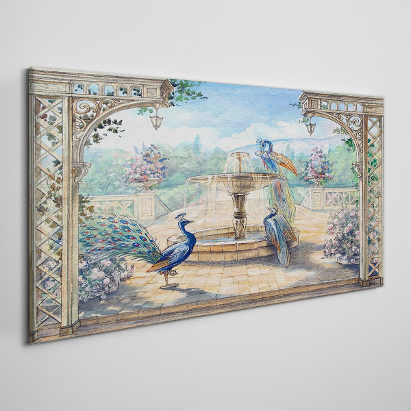 Foto leinwand Landschaft mit Pfau und Brunnen