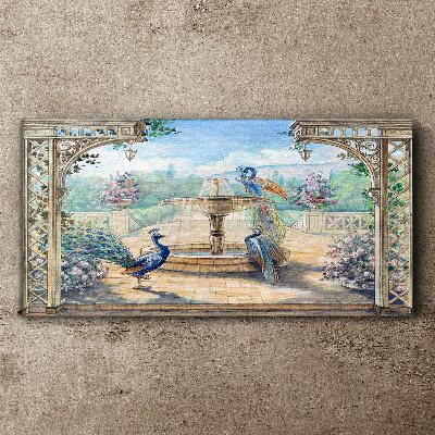 Foto leinwand Landschaft mit Pfau und Brunnen