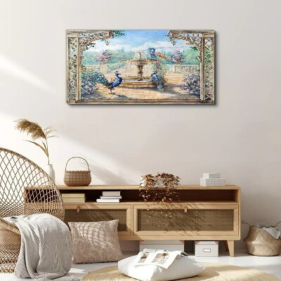 Foto leinwand Landschaft mit Pfau und Brunnen