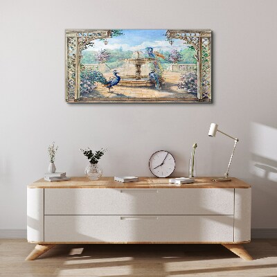 Foto leinwand Landschaft mit Pfau und Brunnen
