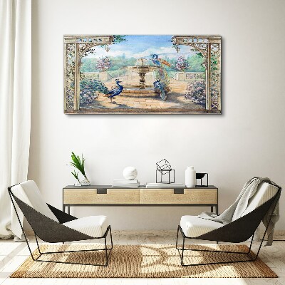 Foto leinwand Landschaft mit Pfau und Brunnen