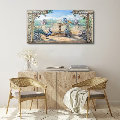 Foto leinwand Landschaft mit Pfau und Brunnen