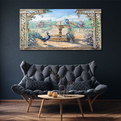 Foto leinwand Landschaft mit Pfau und Brunnen