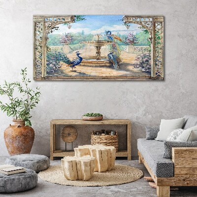 Foto leinwand Landschaft mit Pfau und Brunnen