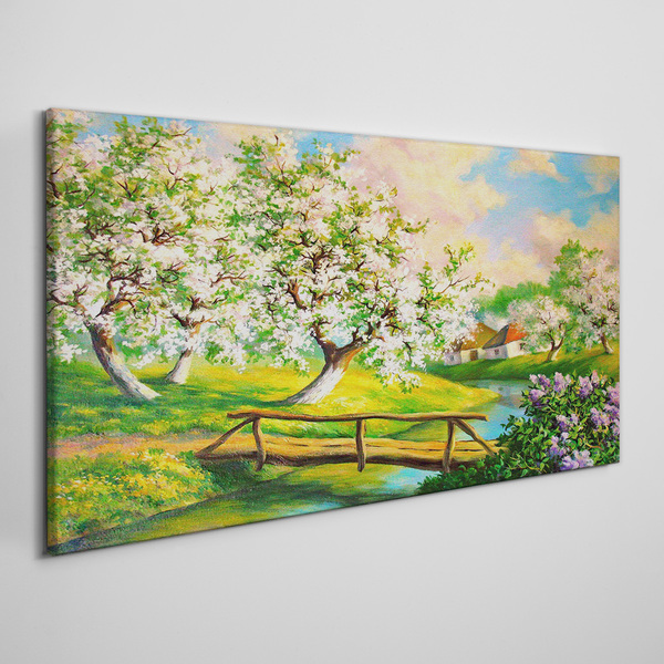 Bild auf leinwand Frühlingslandschaft mit Brücke