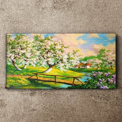 Bild auf leinwand Frühlingslandschaft mit Brücke