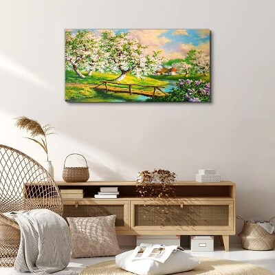 Bild auf leinwand Frühlingslandschaft mit Brücke
