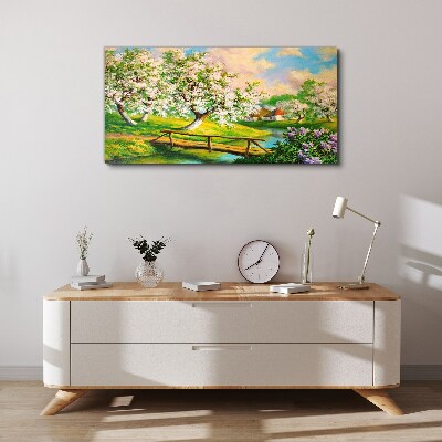 Bild auf leinwand Frühlingslandschaft mit Brücke