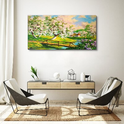 Bild auf leinwand Frühlingslandschaft mit Brücke