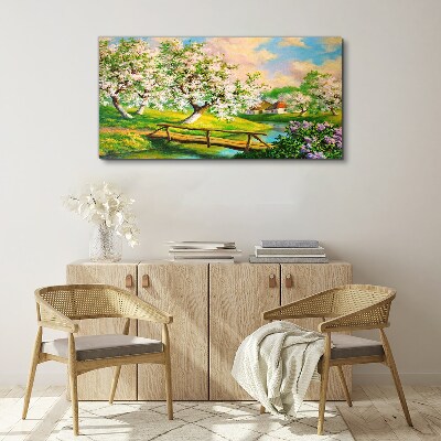 Bild auf leinwand Frühlingslandschaft mit Brücke