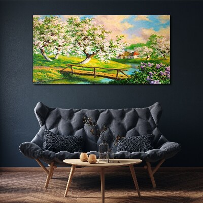 Bild auf leinwand Frühlingslandschaft mit Brücke