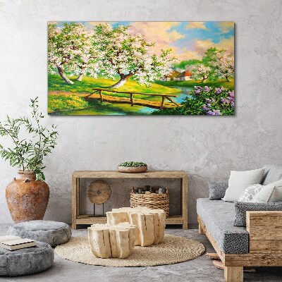 Bild auf leinwand Frühlingslandschaft mit Brücke
