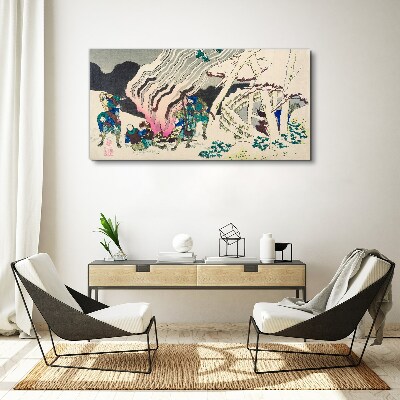 Foto leinwand Winterlandschaft mit Menschen am Lagerfeuer