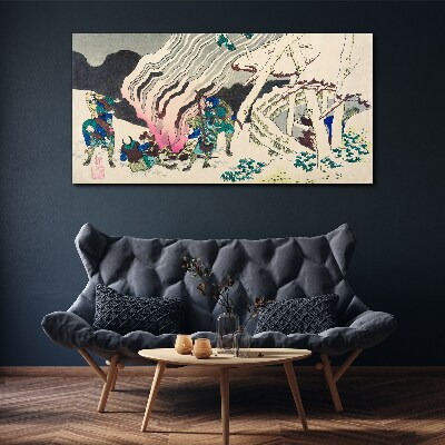 Foto leinwand Winterlandschaft mit Menschen am Lagerfeuer