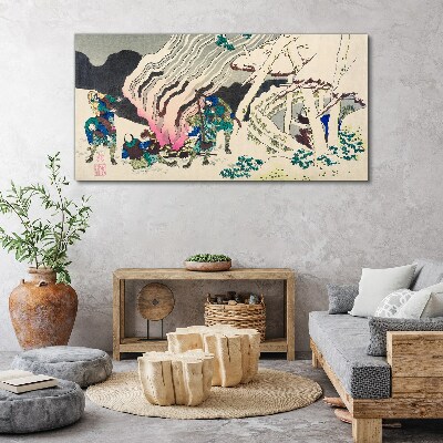 Foto leinwand Winterlandschaft mit Menschen am Lagerfeuer