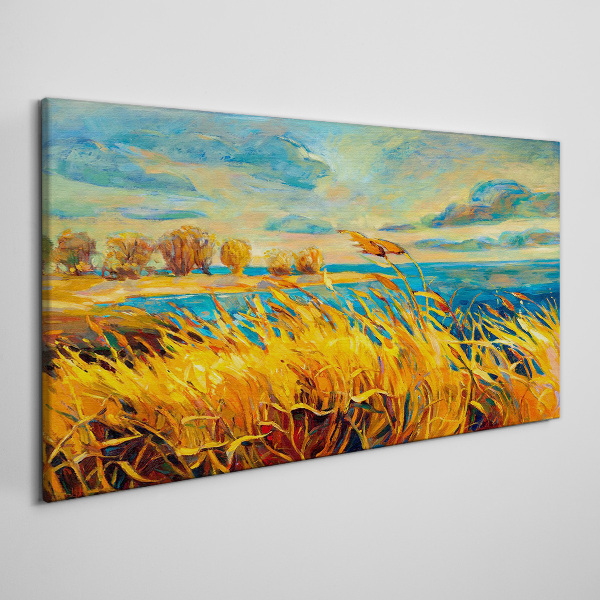 Foto auf leinwand Goldenes Gras über blauem Wasser