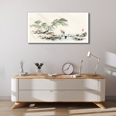 Wandbild Eine friedliche Landschaft mit einer Brücke
