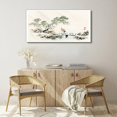 Wandbild Eine friedliche Landschaft mit einer Brücke