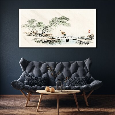 Wandbild Eine friedliche Landschaft mit einer Brücke