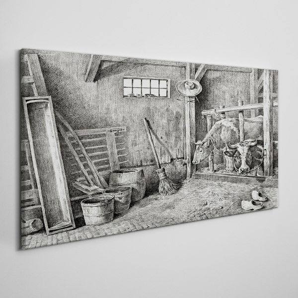 Foto auf leinwand Ein Pferch mit Kühen und Werkzeug