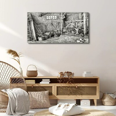 Foto auf leinwand Ein Pferch mit Kühen und Werkzeug