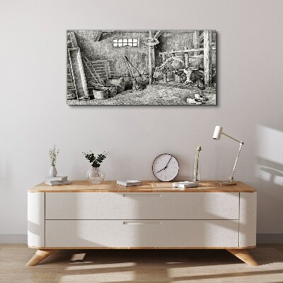Foto auf leinwand Ein Pferch mit Kühen und Werkzeug